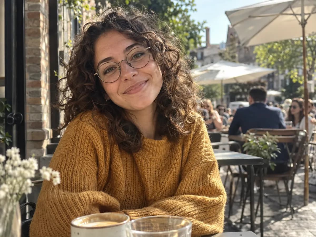 Before: Woman at a cafe turned into 3D Animated Movie style