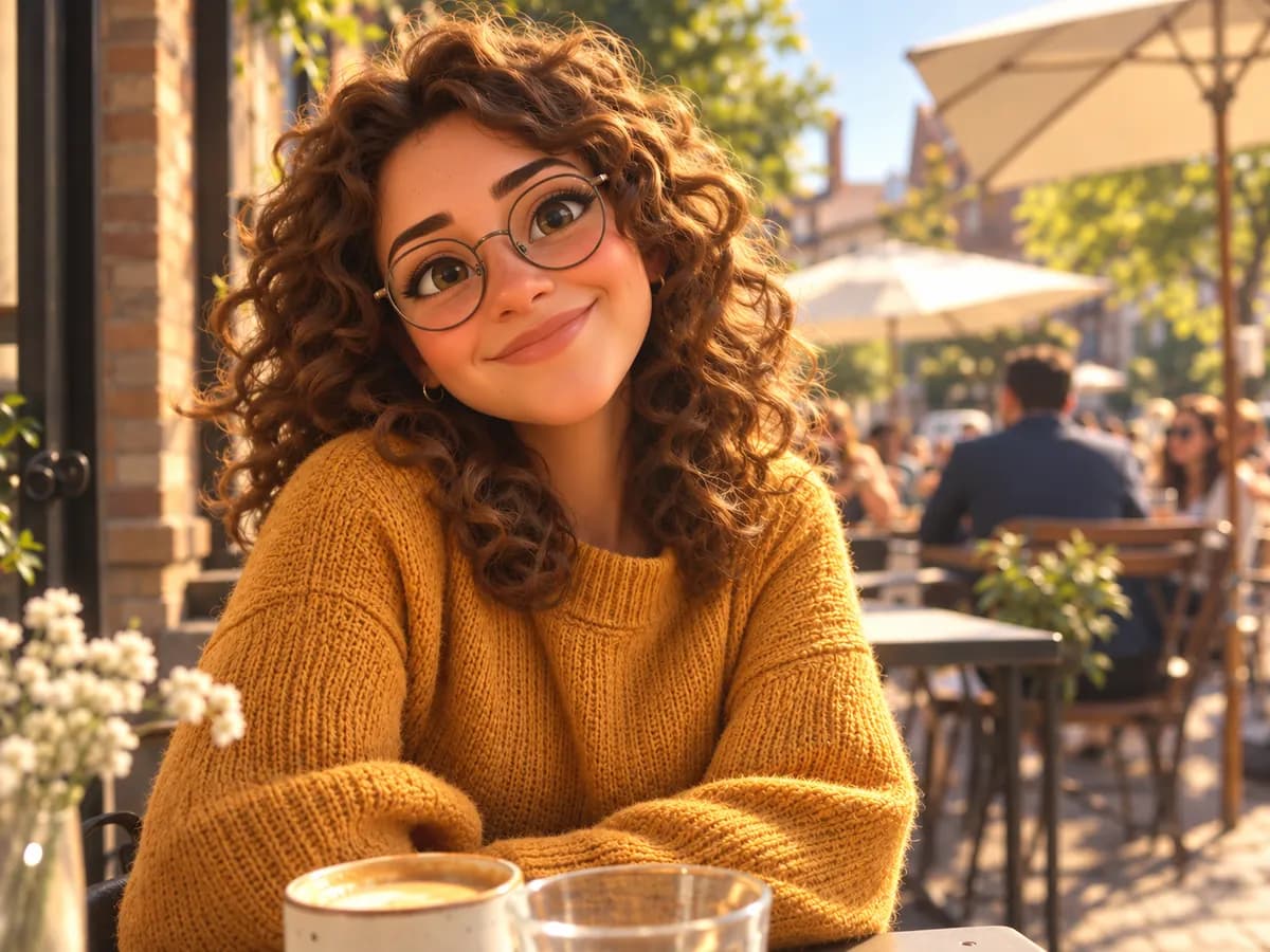 After: Woman at a cafe turned into 3D Animated Movie style