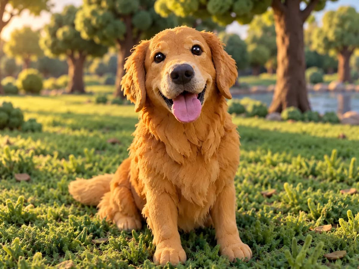 After: Golden retriever in a park in Claymation / Stop-Motion style