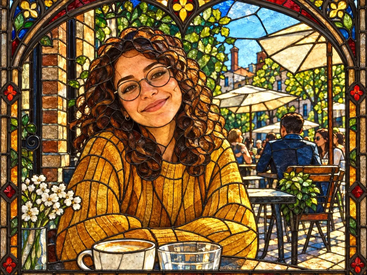 After: Woman at a cafe turned into Stained Glass Window style