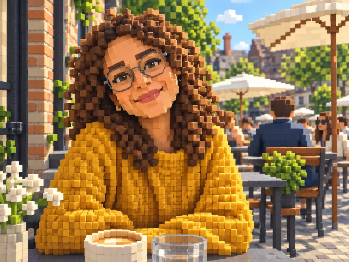 After: Woman at a cafe turned into Voxel Block Art style