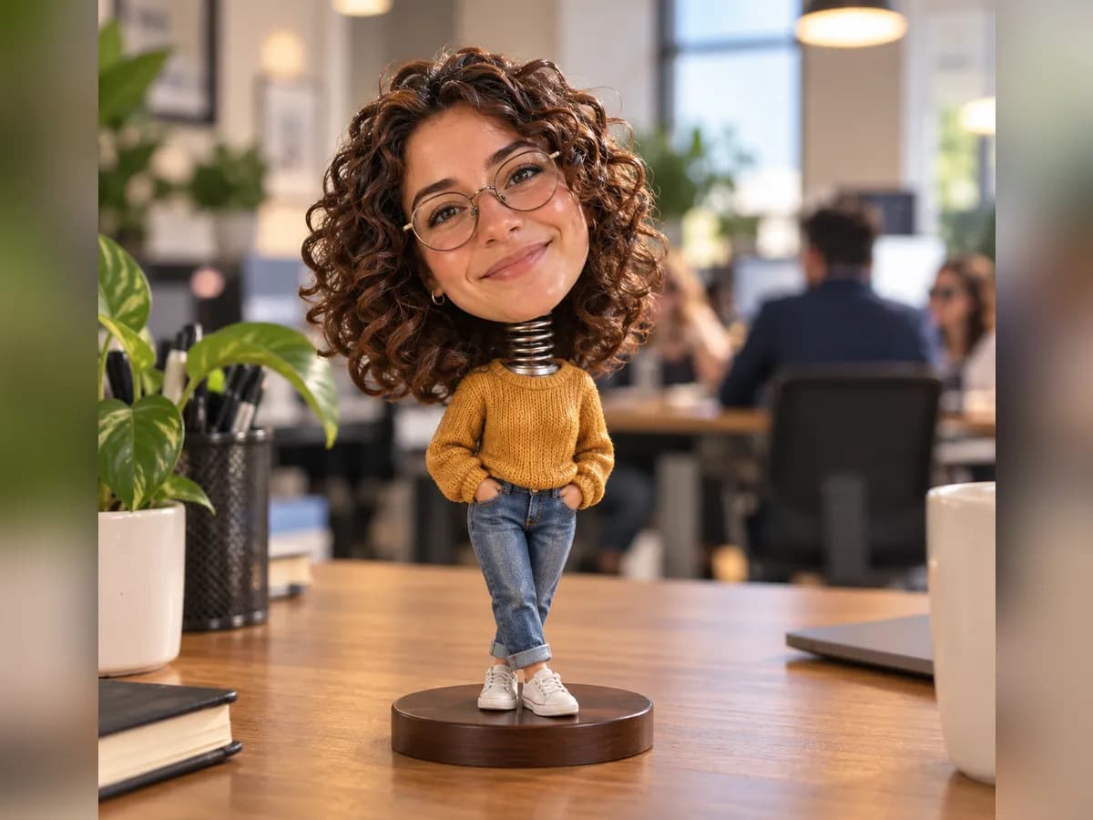 After: Woman at a cafe turned into Bobblehead Doll style