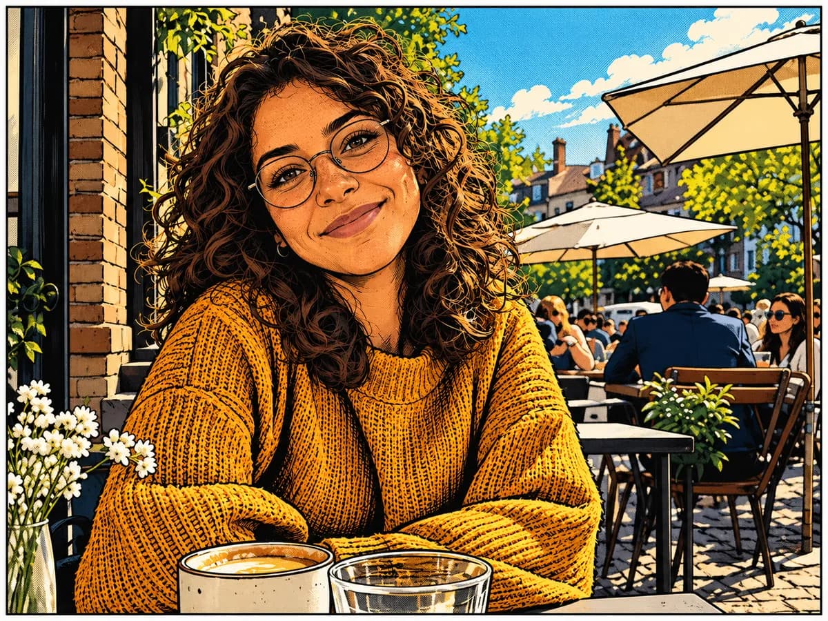 After: Woman at a cafe turned into Comic Book / Graphic Novel style